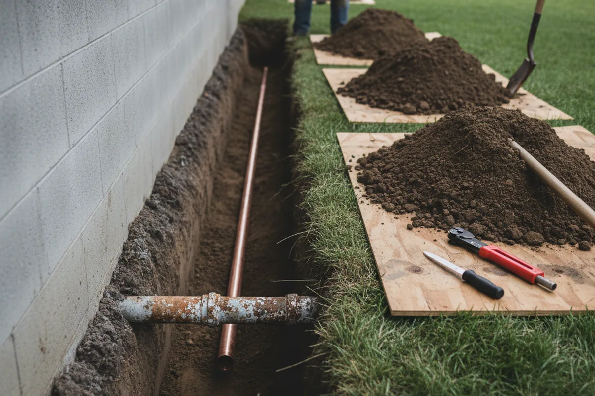 Excavated water line trench during Sewer Line Repair in Ebensburg
